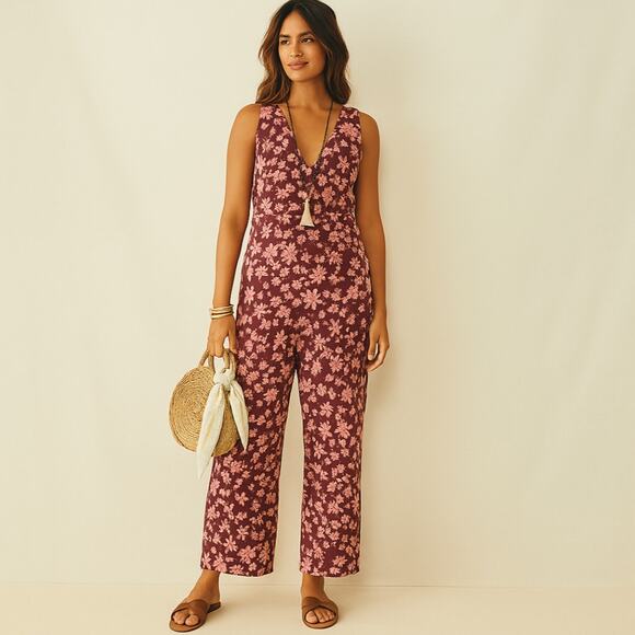 FREE PEOPLE Linen Wide Leg Jumpsuit Pink Floral Purple Sz XS {FF22} - Picture 1 of 5
